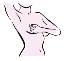 grafika przedstawiająca sylwetkę nagiej kobiety, która bada sutek lewej piersi, a prawą rękę ma uniesioną do góry